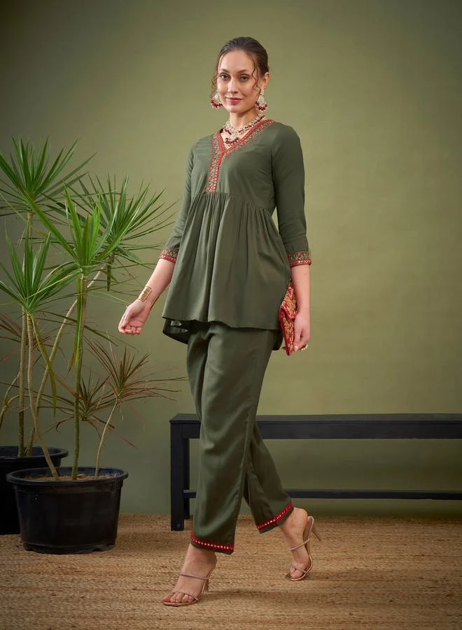 SASSAFRAS Embroidered Hem Peplum Top & Pants Co-Ord by Styli