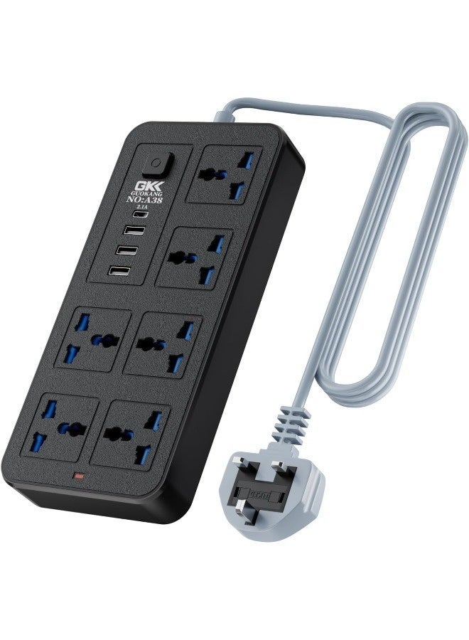Universal Extension Lead with Multiple Function,UK Plug 3 Pin Socket Outlet with 6 Gang | 3 USB Port | 1 Type-C Port,1.8M Cable Power Strip for Home,Kitchen,and Office(Black) - Image 3