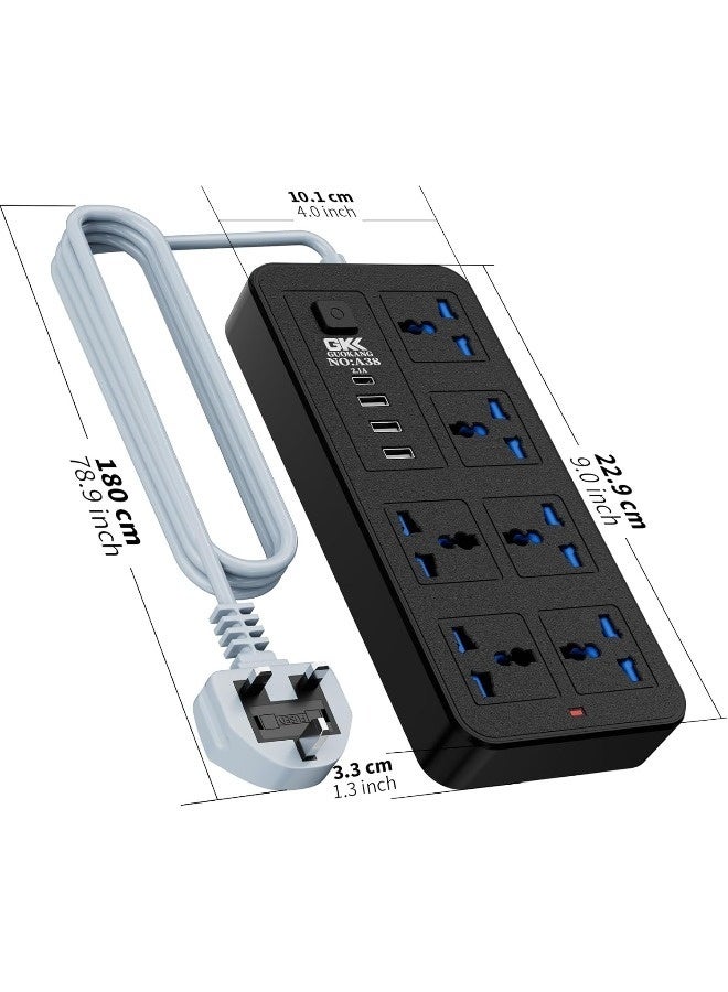 Universal Extension Lead with Multiple Function,UK Plug 3 Pin Socket Outlet with 6 Gang | 3 USB Port | 1 Type-C Port,1.8M Cable Power Strip for Home,Kitchen,and Office(Black) - Image 2