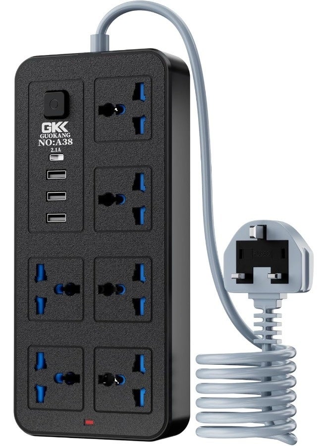 Universal Extension Lead with Multiple Function,UK Plug 3 Pin Socket Outlet with 6 Gang | 3 USB Port | 1 Type-C Port,1.8M Cable Power Strip for Home,Kitchen,and Office(Black) - Image 1