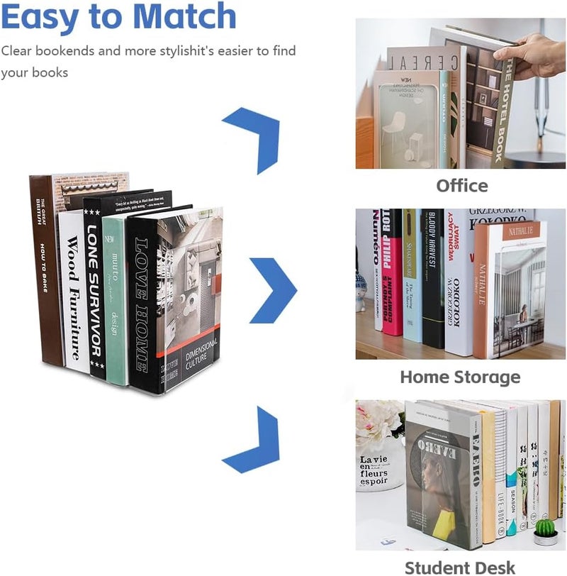 OneNine Bookends, 6Pcs Clear Acrylic Book Ends For Shelves Home Office Library School Supplies, Premium Plastic Book Shelf Holder Book Stopper Desktop Organizer Bookshelf Decor For Books Movies Cds - Image 5