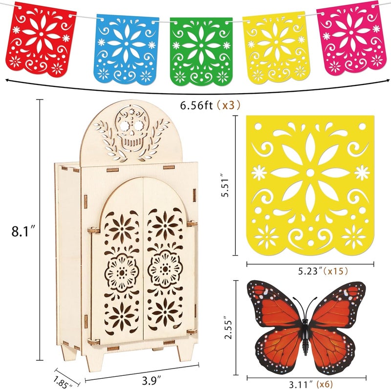 Freesdai 10Pcs Dia De Los Muertos Decorations Wooden Shadow Box Day of The Dead Ofrenda Altar Decor with Papel Picado Butterfly Remembrance Supplies - Image 3
