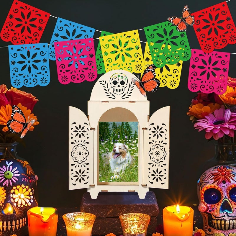 Freesdai 10Pcs Dia De Los Muertos Decorations Wooden Shadow Box Day of The Dead Ofrenda Altar Decor with Papel Picado Butterfly Remembrance Supplies - Image 4