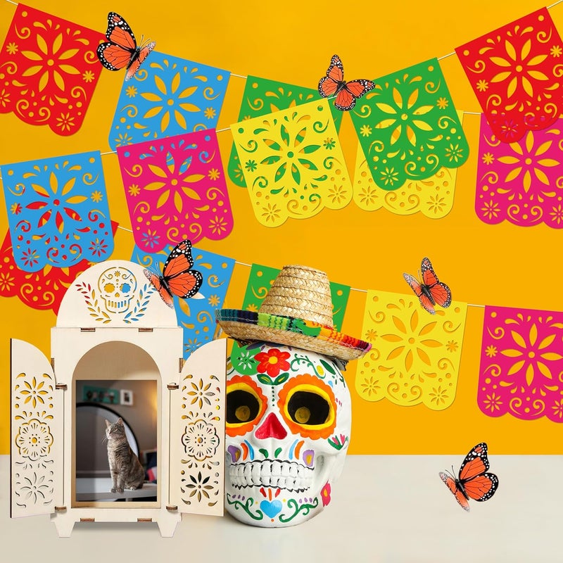 Freesdai 10Pcs Dia De Los Muertos Decorations Wooden Shadow Box Day of The Dead Ofrenda Altar Decor with Papel Picado Butterfly Remembrance Supplies - Image 2