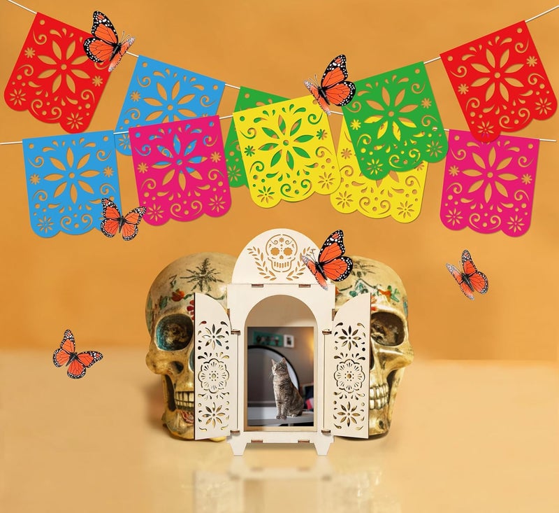 Freesdai 10Pcs Dia De Los Muertos Decorations Wooden Shadow Box Day of The Dead Ofrenda Altar Decor with Papel Picado Butterfly Remembrance Supplies - Image 5