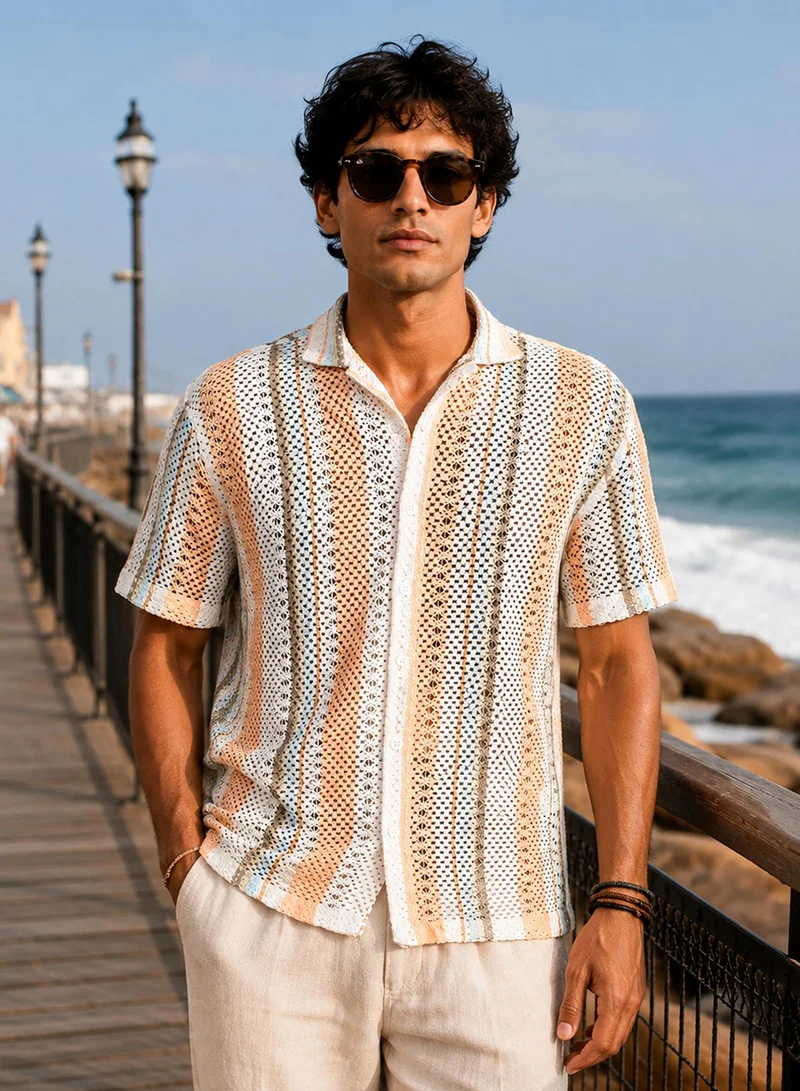 CAHOOT Cahoot Men's White Crochet-Texture Cotton Blend Shirt - 7168