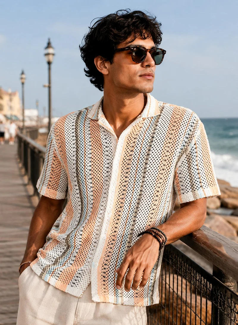 CAHOOT Cahoot Men's White Crochet-Texture Cotton Blend Shirt - 7168