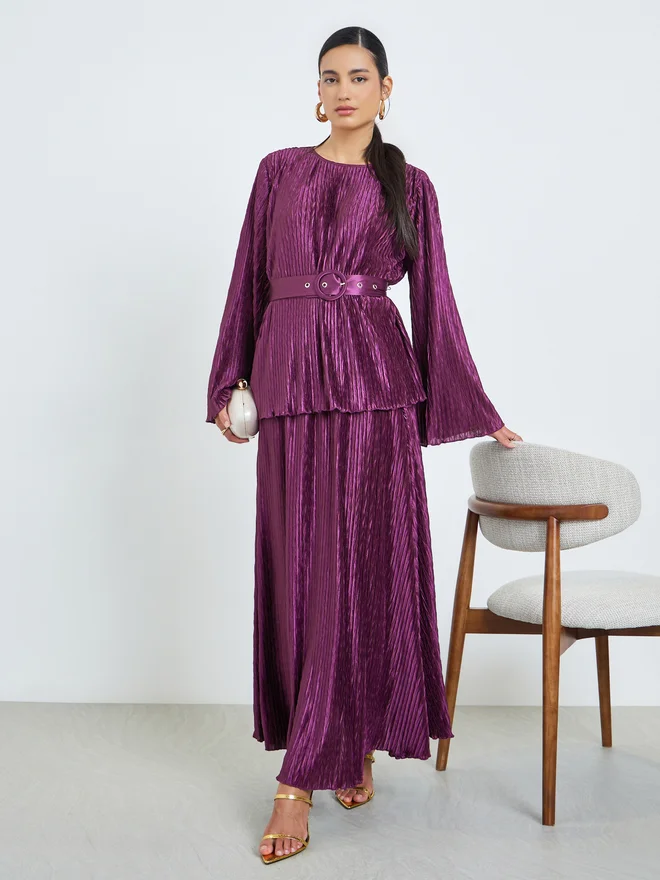 Styli Purple Accordion Plisse A-Line Maxi Skirt