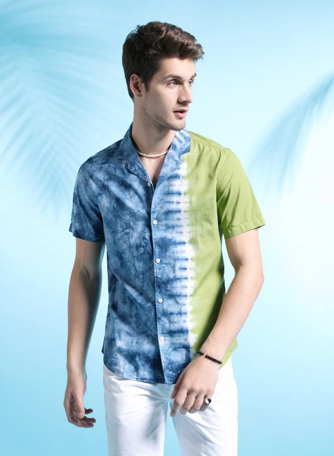 ذا انديان كراج كو Men Relaxed Fit Tie N Dye Half Sleeves Cuban Collar Resort Wear Shirt