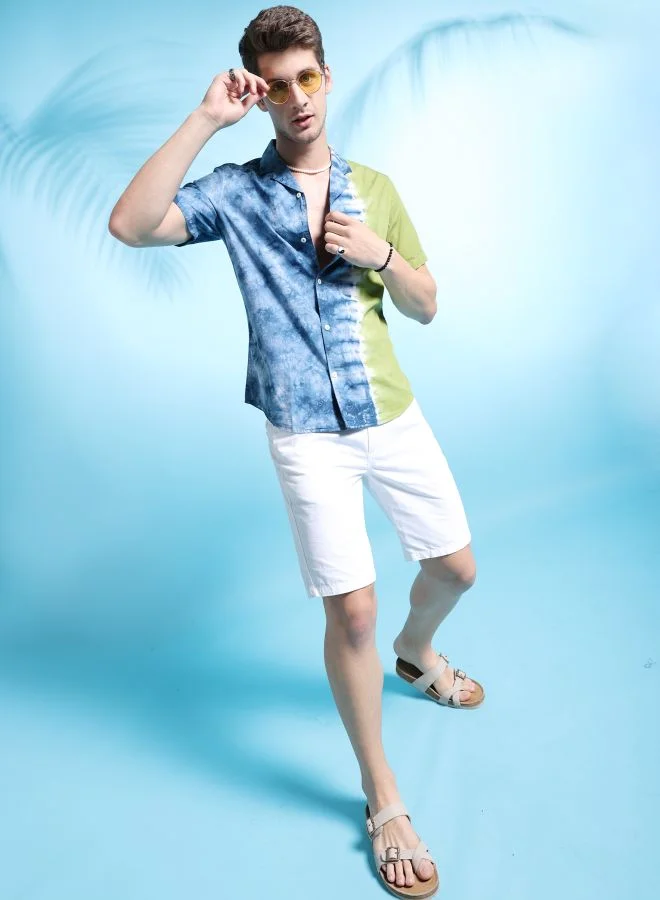 ذا انديان كراج كو Men Relaxed Fit Tie N Dye Half Sleeves Cuban Collar Resort Wear Shirt