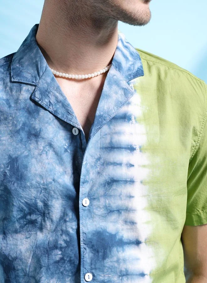 ذا انديان كراج كو Men Relaxed Fit Tie N Dye Half Sleeves Cuban Collar Resort Wear Shirt