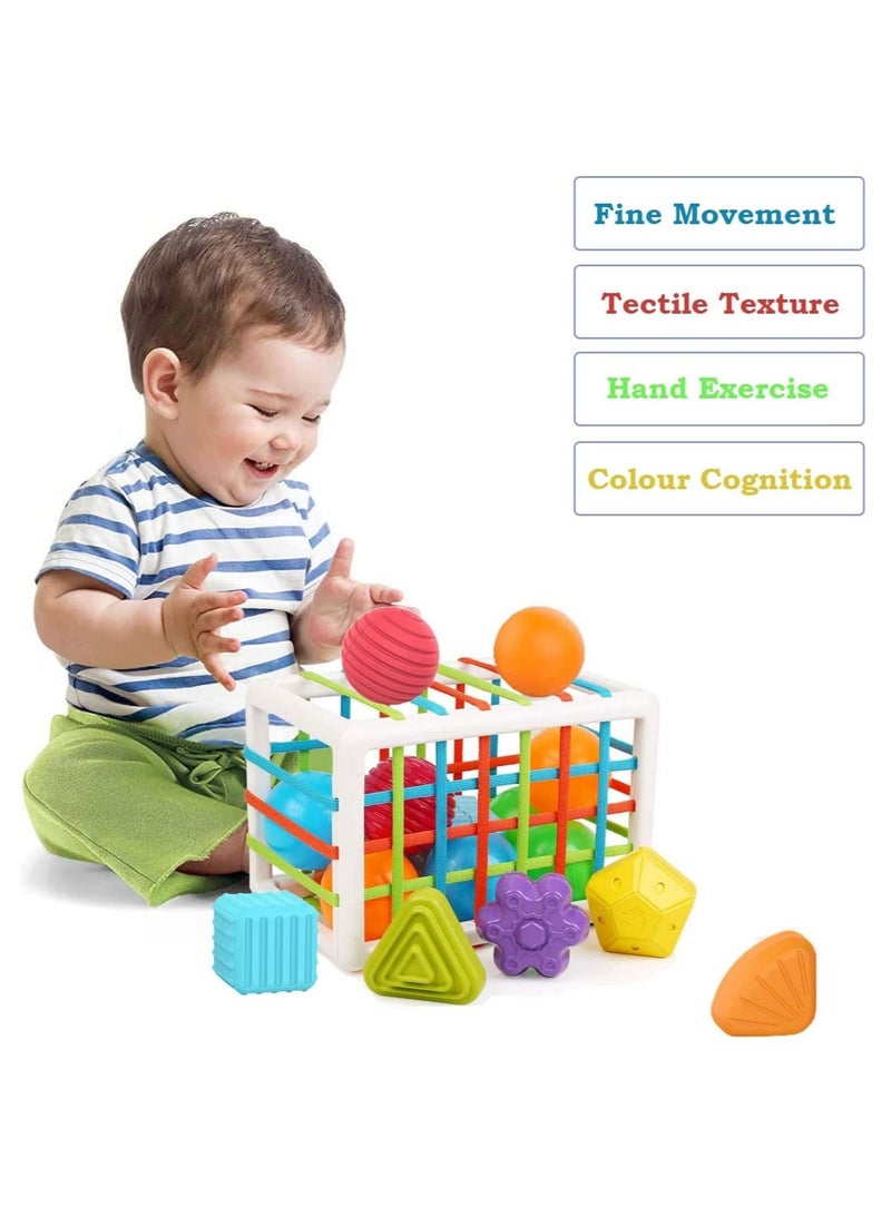NIBEMINENT Baby Shape Sorting Toy, Activity Cube Sensory Bin with Elastic Bands Colorful Multifunctional Toy,Exercise Hand Eye Coordination, Fine Motor Skill Early Learning Educational Gift  - Image 1