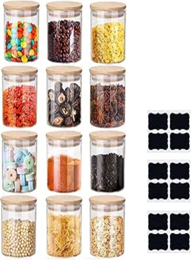 JOGAMS 12PCS Glass Jars with Airtight Lid and Labels Glass Food Storage Jars Containers Overnight Oats Containers with Lids Decorative Kitchen Jars for Coffee Tea Sugar Spice Bath Salt Containers 250ml