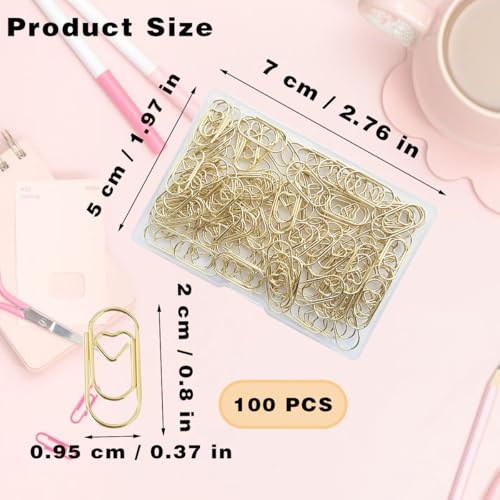 Zucosue 100 Pack Love Heart Shaped Paper Clips, Mini Paperclips Papers, 0.8inch Small Paper Clips for Office School Home Desk Organizers (Gold) - Image 2