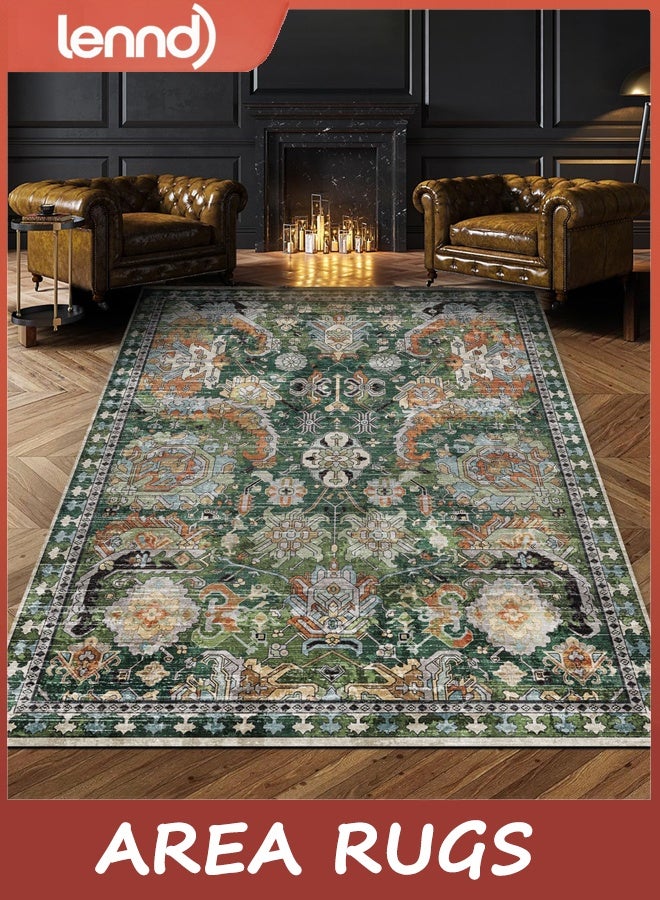 لينند سجادات منطقة - مثالية لغرفة المعيشة وغرفة النوم وغرفة الأطفال والحضانة - مقاومة للبقع والماء وغير قابلة للانزلاق ومناسبة للحيوانات الأليفة والأطفال، سجادات منطقة قبلية عتيقة (أخضر، 80 سم × 160 سم) - Image 1