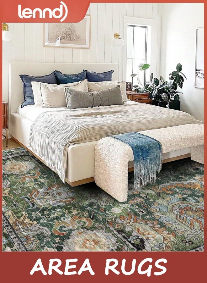 لينند سجادات منطقة - مثالية لغرفة المعيشة وغرفة النوم وغرفة الأطفال والحضانة - مقاومة للبقع والماء وغير قابلة للانزلاق ومناسبة للحيوانات الأليفة والأطفال، سجادات منطقة قبلية عتيقة (أخضر، 80 سم × 160 سم) - Image 3