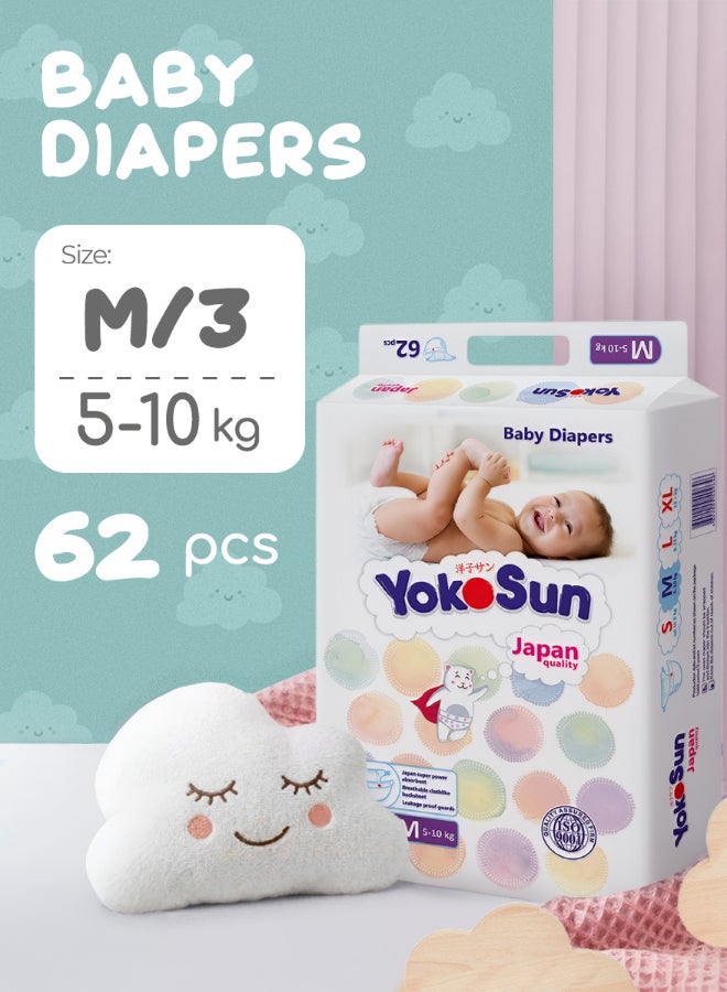 YokoSun Baby Diapers, Size 3 / M (5-10 kg), 62 pcs â€“ Ultra-Soft, Hypoallergenic Nappies, Japanese Technology for Baby Skin Care, Leakproof with 12-Hour Dryness Protection - Image 1