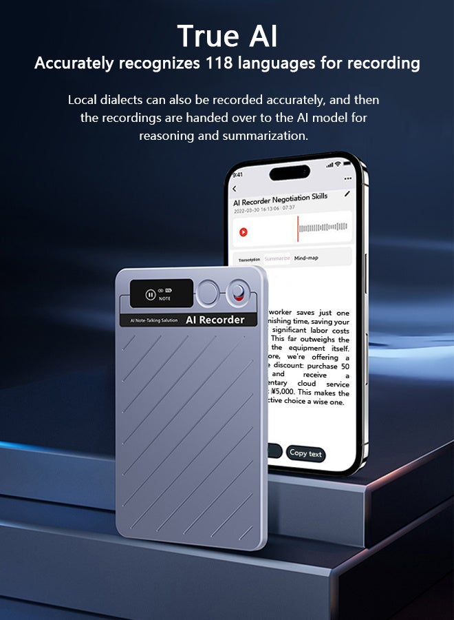 جهاز تسجيل صوتي بتقنية الذكاء الاصطناعي، مع إمكانية التحكم في التطبيق ونسخ وملخص النصوص بمساعدة Chat GPT، متوافق مع 118 لغة مختلفة، بسعة تخزينية تصل إلى 64 جيجابايت، يمكن استخدامه لتسجيل المكالمات و - Image 5