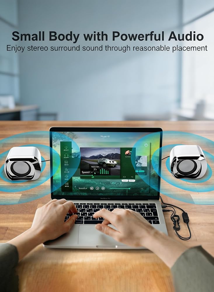 LOOPITYS White Compact USB Powered Computer Speakers for Desktop Laptop, 3.5mm AUX Wired Stereo Mini Speakers with Volume Control, 6W Small White Desktop Speaker for PC, Notebook, Tablet, Phone - Image 4