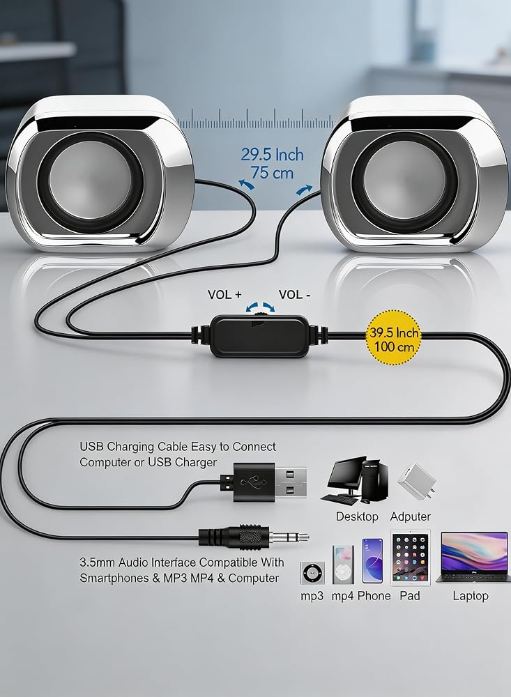 LOOPITYS White Compact USB Powered Computer Speakers for Desktop Laptop, 3.5mm AUX Wired Stereo Mini Speakers with Volume Control, 6W Small White Desktop Speaker for PC, Notebook, Tablet, Phone - Image 5