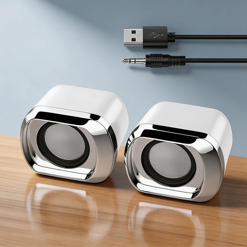 LOOPITYS White Compact USB Powered Computer Speakers for Desktop Laptop, 3.5mm AUX Wired Stereo Mini Speakers with Volume Control, 6W Small White Desktop Speaker for PC, Notebook, Tablet, Phone - Image 1