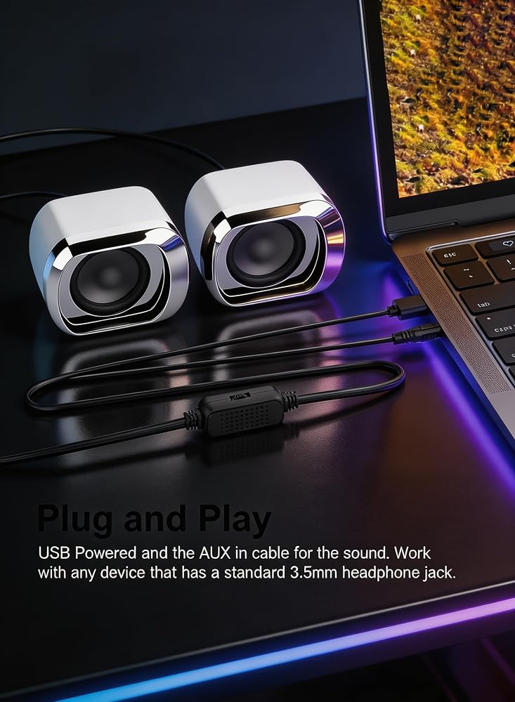 LOOPITYS White Compact USB Powered Computer Speakers for Desktop Laptop, 3.5mm AUX Wired Stereo Mini Speakers with Volume Control, 6W Small White Desktop Speaker for PC, Notebook, Tablet, Phone - Image 3