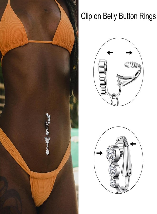 فوجو مجموعة VOJO من قطعتين من حلقات السرة المزيفة للنساء، مجوهرات السرة المصنوعة من الفولاذ المقاوم للصدأ بدون ثقب (فراشة + فراشة مرصعة بثلاثة ماسات) - Image 2