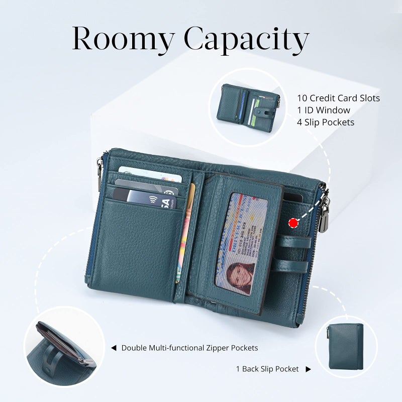 Bveyzi Small Soft Leather Wallet for Women RFID Blocking Ladies Card Holder with Double Zipper Pocket (Blue) - Image 3