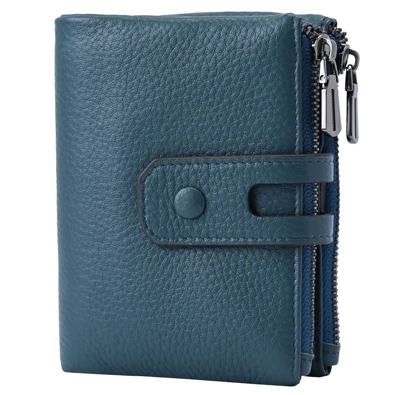 Bveyzi Small Soft Leather Wallet for Women RFID Blocking Ladies Card Holder with Double Zipper Pocket (Blue) - Image 1