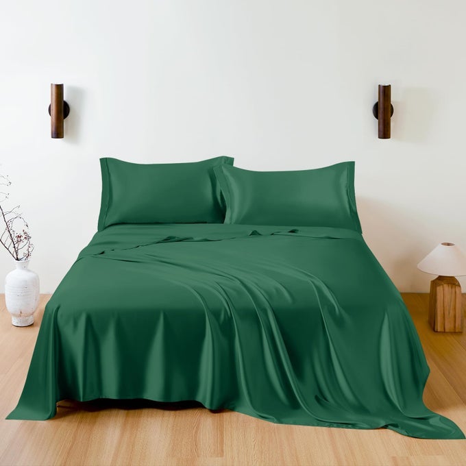 100 MULBERRY SILK SHEET SET 7A SILK SHEET SET SOFT BREATHABLE LUXURY BEDDING 1 FLAT SHEET 1 FITTED SHEET 2 PILLOW SHAMS KING EMERALD GREEN