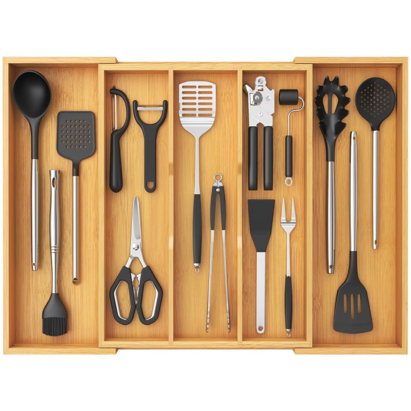 Lifewit Utensil Organizer for Kitchen Drawer, Expandable Cooking Utensil Tray, Cutlery Silverware Flatware Holder, Wood Adjustable Spatula Tools Storage Divider, 15.6-28 x 18.5, Natural - Image 1