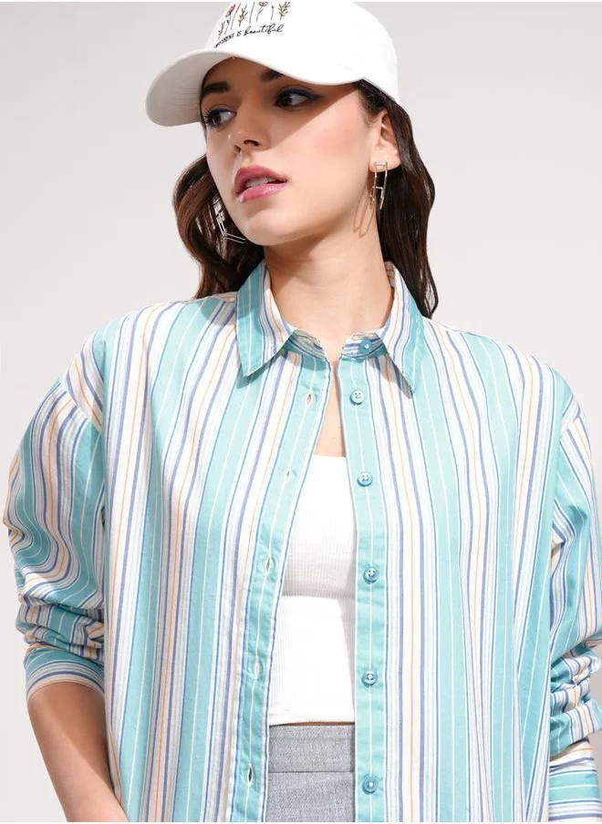 Tokyo Talkies Opaque Striped Longline Casual Shirt