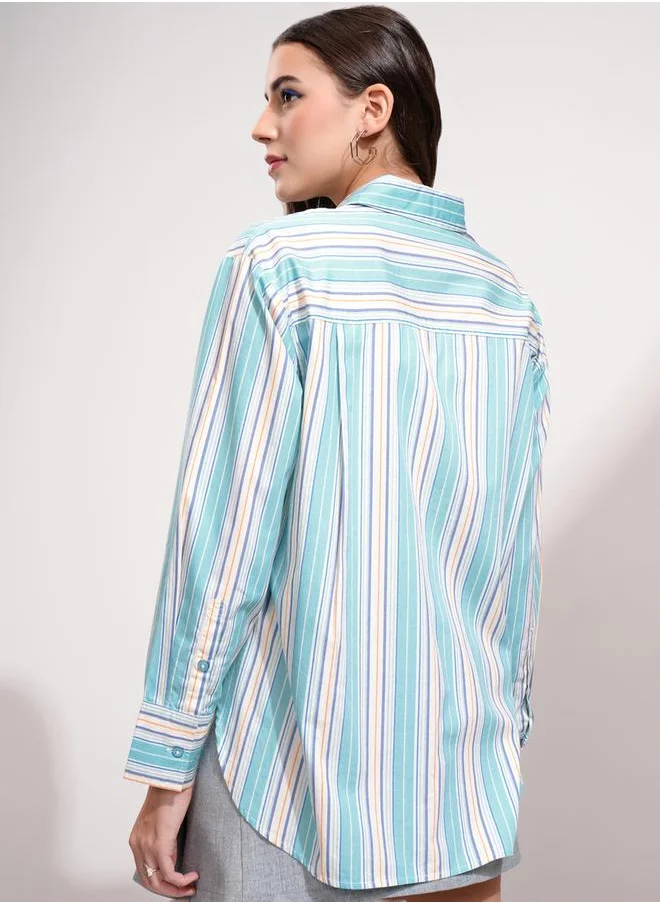 طوكيو توكيز Opaque Striped Longline Casual Shirt