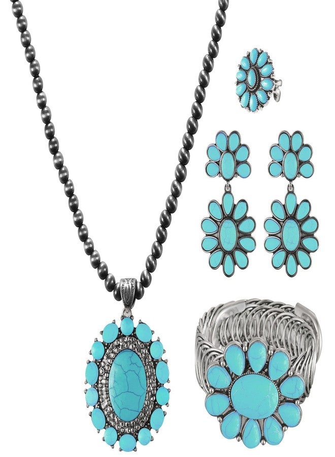 JMScape 4 PCS Western Turquoise Jewelry for Women Boho Vintage Navajo Pearl Necklace Earring Bracelet Ring Set Country Cowgirl Accessories for Gift (A-Blue) - Image 1
