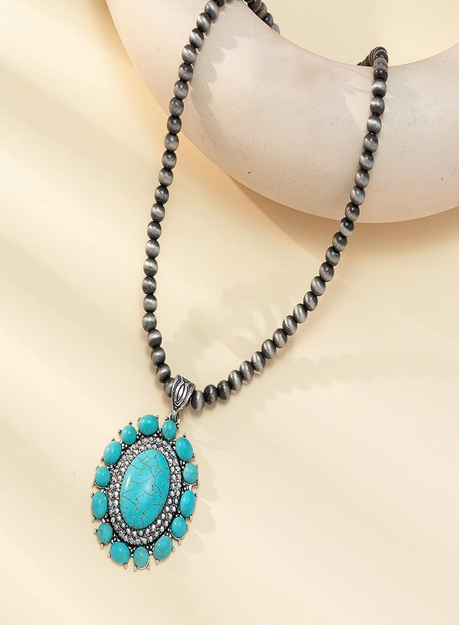 JMScape 4 PCS Western Turquoise Jewelry for Women Boho Vintage Navajo Pearl Necklace Earring Bracelet Ring Set Country Cowgirl Accessories for Gift (A-Blue) - Image 3