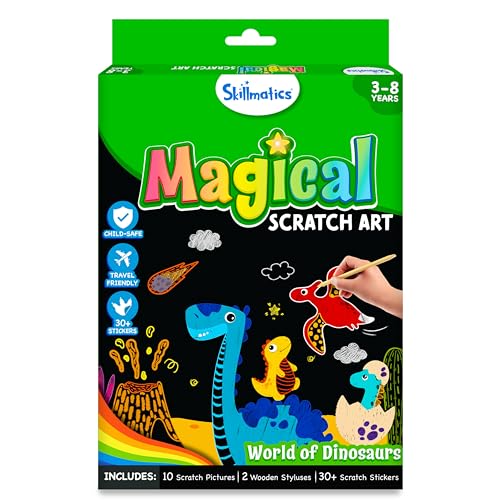 Skillmatics Scratch Art Book for Kids - Dinosaurs, Craft Kits & Supplies, 30+ Scratch Stickers, Travel Toys, DIY Kit, Gifts for Boys & Girls Ages 3, 4, 5, 6, 7, 8, Multicolour - Image 1