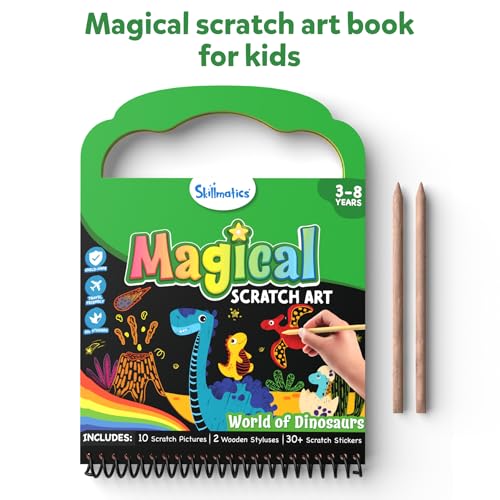 Skillmatics Scratch Art Book for Kids - Dinosaurs, Craft Kits & Supplies, 30+ Scratch Stickers, Travel Toys, DIY Kit, Gifts for Boys & Girls Ages 3, 4, 5, 6, 7, 8, Multicolour - Image 3
