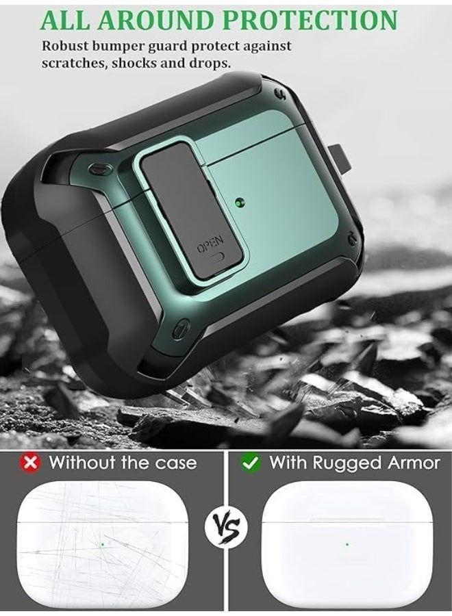 Airpods 3 Case Cover 2021, [Secure Lock] Armor Full-Body Rugged Air Pod 3 Generation Protective Case Shockproof Cover Men Women with Keychain for Apple Airpods 3rd Generation Case-Black/Green - Image 3