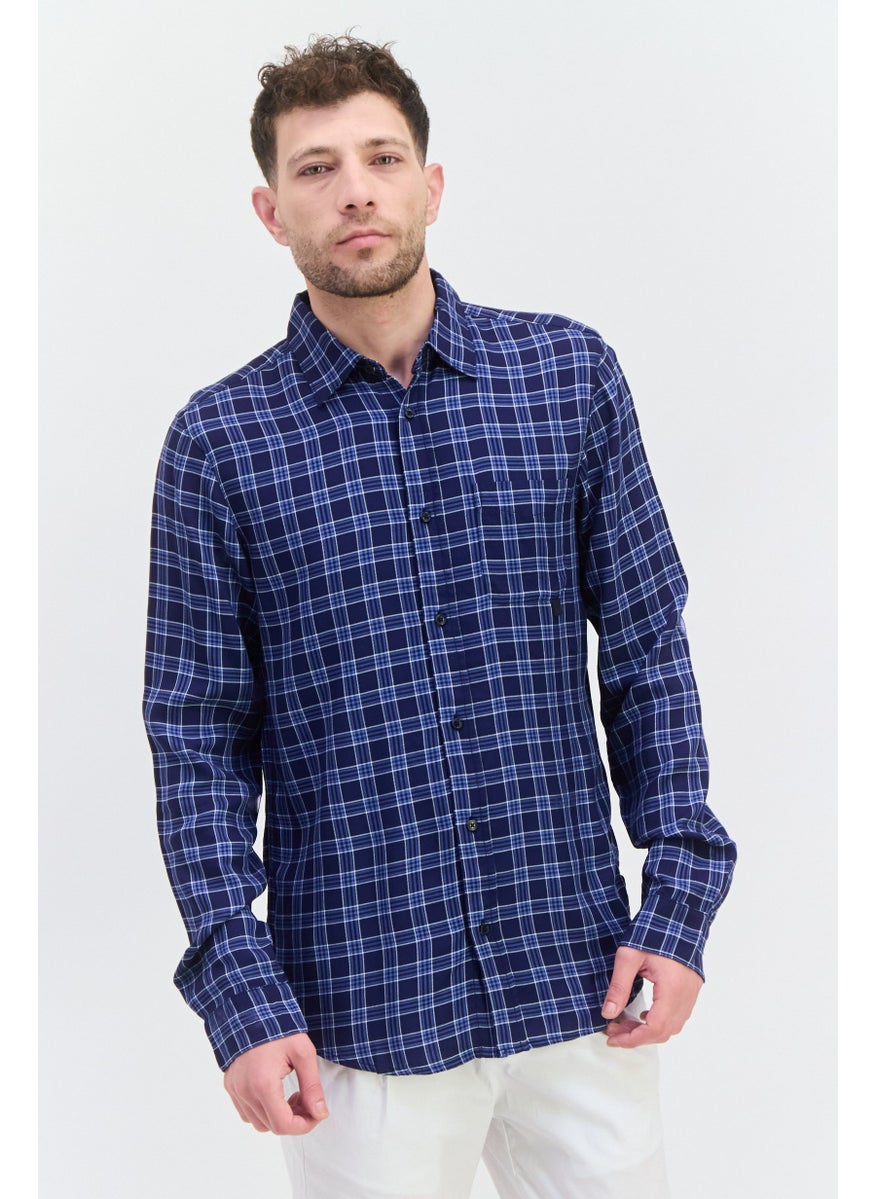 Scotch & Soda Men Relaxed Fit Long Sleeves Checkered Casual Shirt, Navy Combo  - Image 1
