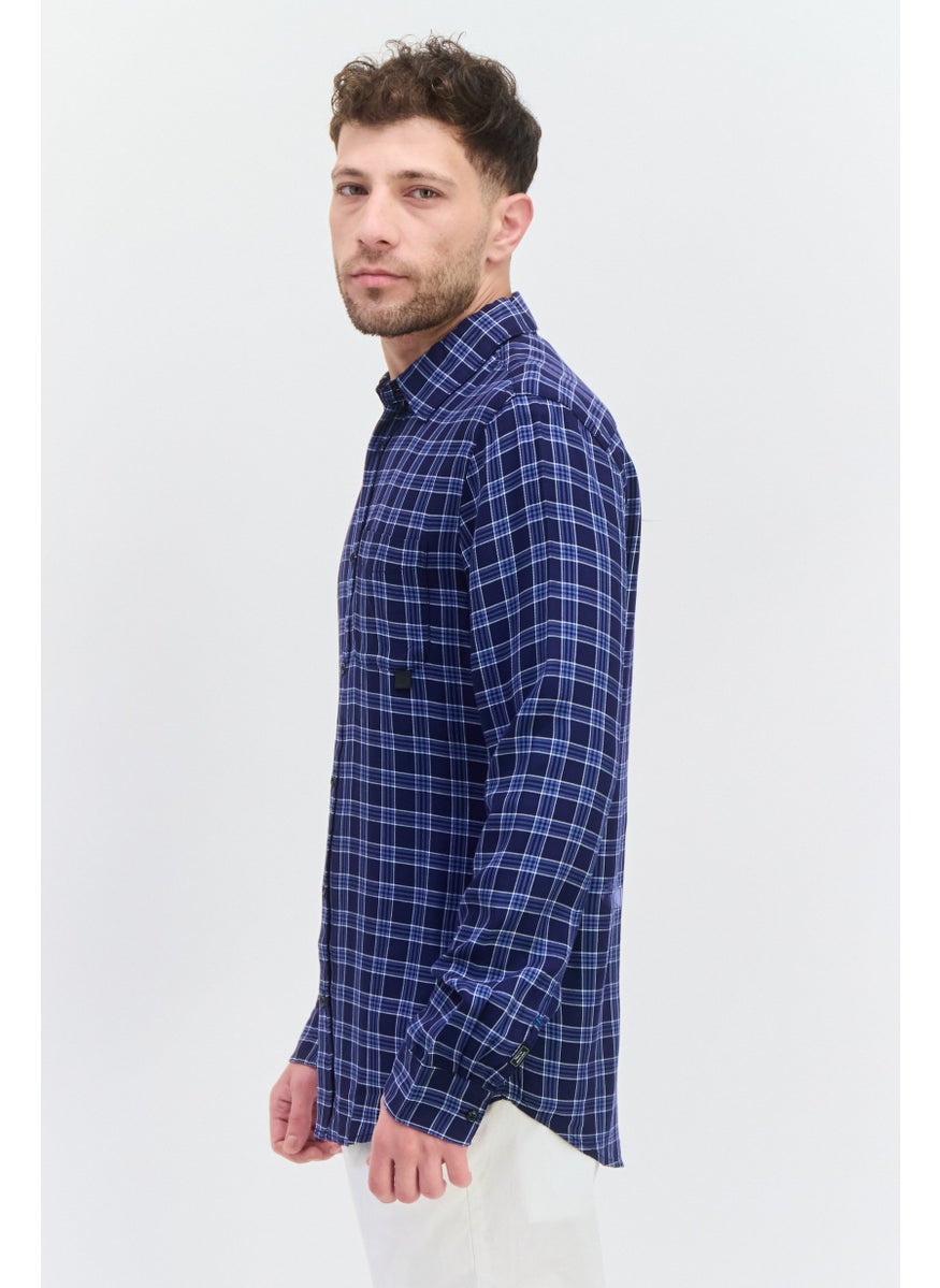 Scotch & Soda Men Relaxed Fit Long Sleeves Checkered Casual Shirt, Navy Combo  - Image 2