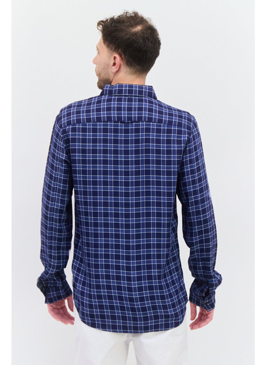 Scotch & Soda Men Relaxed Fit Long Sleeves Checkered Casual Shirt, Navy Combo  - Image 3