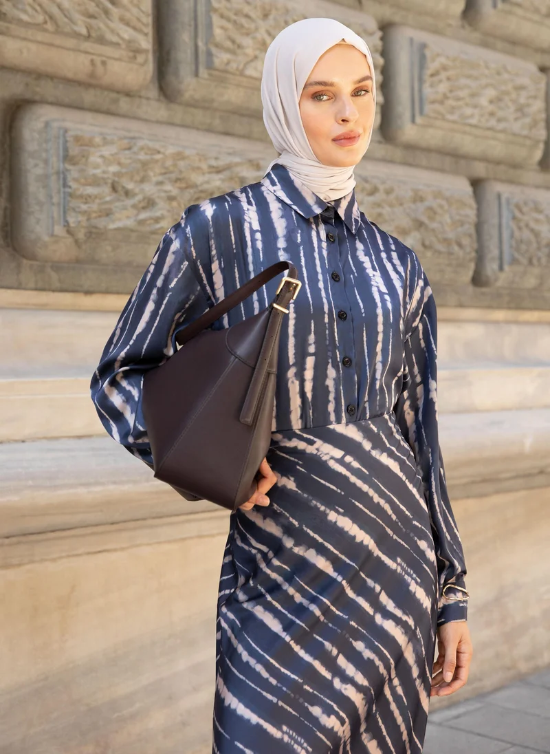 Refka by modanisa Navy Striped Satin Fabric Elegant Shirt - Refka