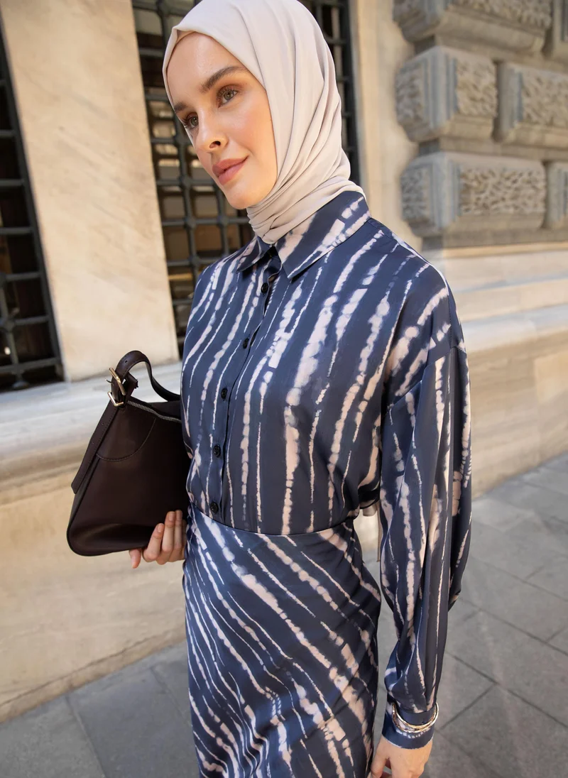 Refka by modanisa Navy Striped Satin Fabric Elegant Shirt - Refka