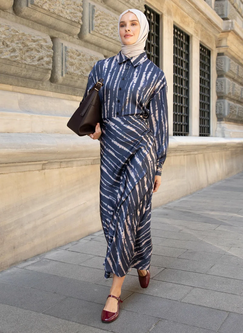Refka by modanisa Navy Striped Satin Fabric Elegant Shirt - Refka