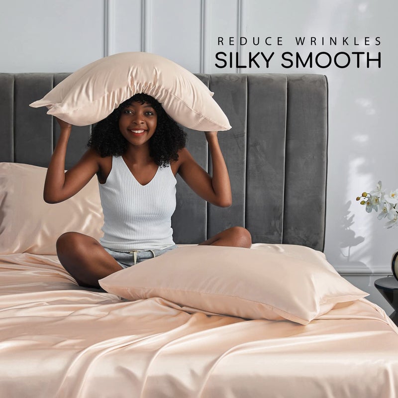 MR&HM Satin Bed Sheets, Twin Size Sheets Set, 3 Pcs Silky Bedding Set with 15 Inches Deep Pocket for Mattress (Twin, Champagne) - Image 3