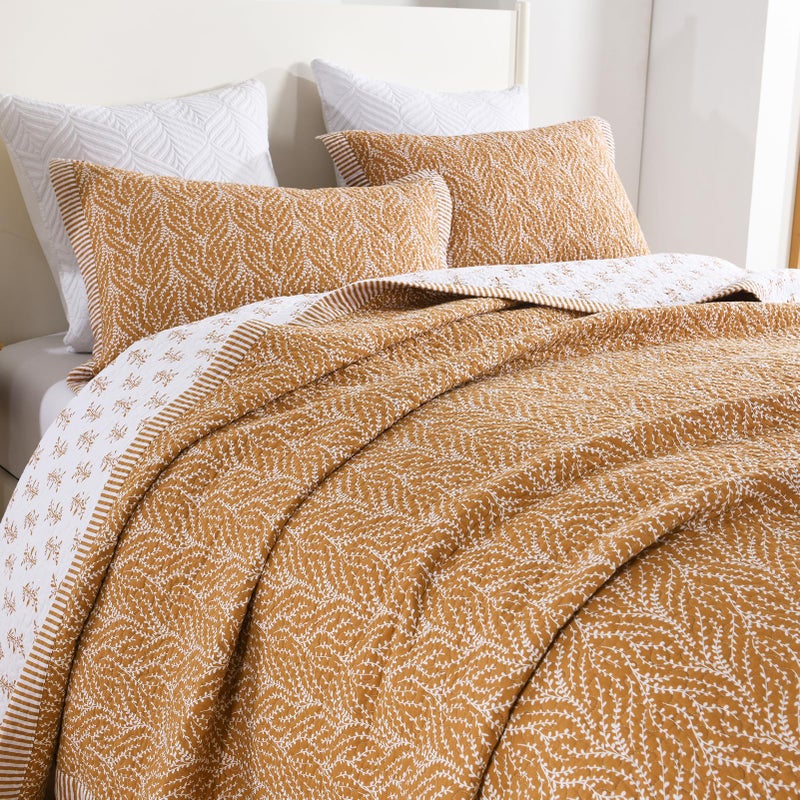 SahSahCasa Quilt Set King Size, 100% Cotton Quilt Bedding Set Bedspread, Botanical Pattern Solid Color Chic Lightweight Quilted Comforter for King Bed, White/Caramel, All Season, 3pcs - Image 1