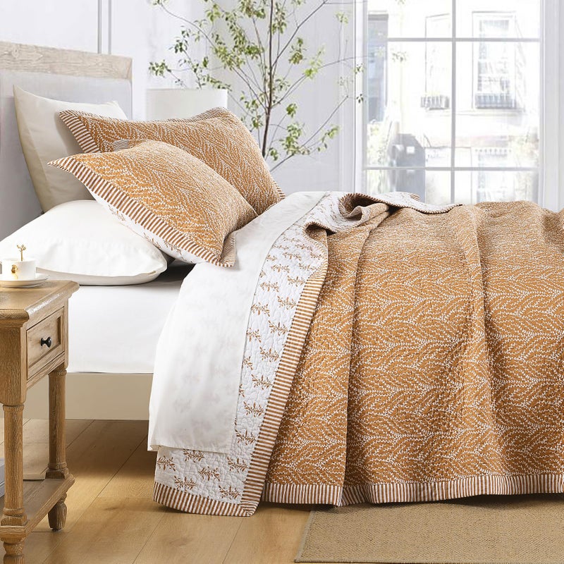 SahSahCasa Quilt Set King Size, 100% Cotton Quilt Bedding Set Bedspread, Botanical Pattern Solid Color Chic Lightweight Quilted Comforter for King Bed, White/Caramel, All Season, 3pcs - Image 3