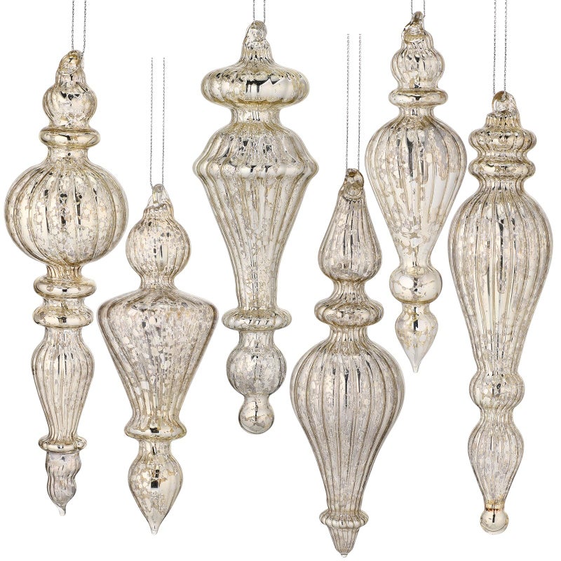 Suttmin 6 Pcs Crystal Glass Finial Christmas Ornaments Large Hanging Christmas Finials Hanging Christmas Tree Decorations for Xmas Tree Decoration Holiday Decor Silver