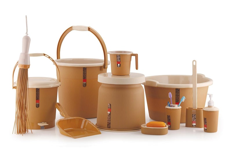 Liza Liza Newton 11Piece Complete Bathroom Essential Set for Home, Kitchen & Bathroom Includes 20L Bucket, 18 L Tub, Big Stool, Dustbin, and More (Pack of 11) (Beige)