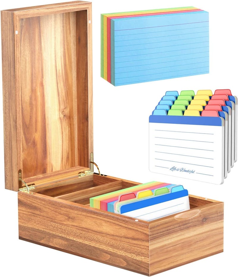 Neando 3x5 Index Card Organizer Box with Lid â€“ Acacia Wood Note Card Holder with 200 Cards & 20 Dividers, Holds 600 Cards, 4 Compartments, Magnetic Closure â€“ Desktop Storage for Study, Office, Recipes - Image 1